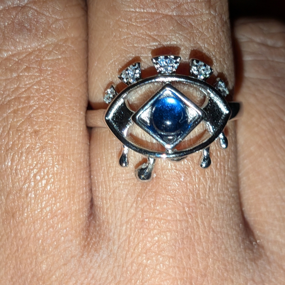 925 Silver and Blue Eye Motif Ring Sz 8